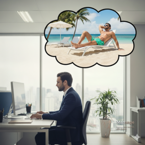 Een man zit op kantoor te werken op zijn computer en denkt aan de vakante - Stress na je vakantie
