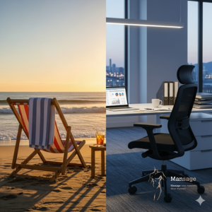 Je ziet links een strandstoel en rechts een bureaustoel - Stress na je vakantie